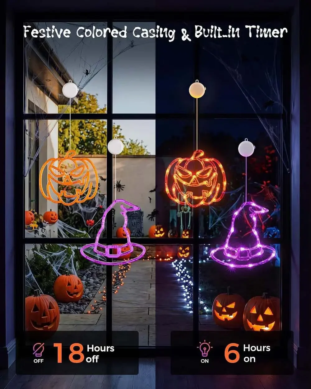 Halloween Window Lights 3 Pack Pumpkin Ghost Hat Battery Operated with Timer